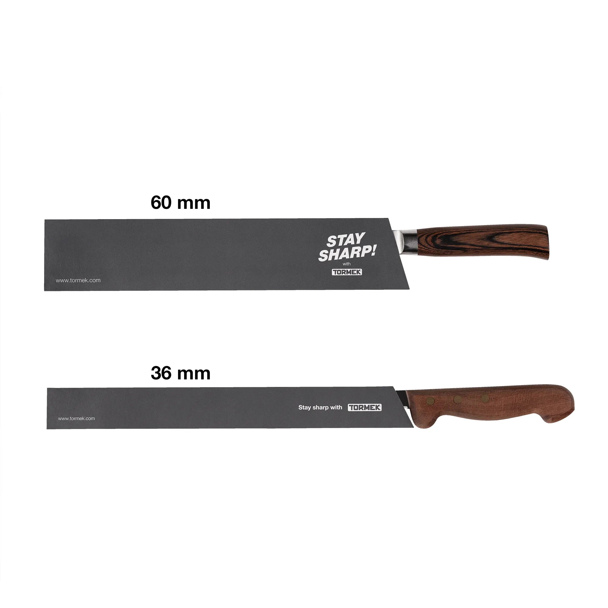 Two knives with wood handles with edge protectors on in sizes 60 mm and 36 mm