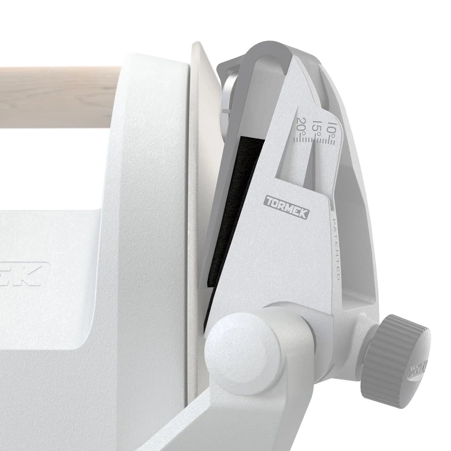 A picture of the patented guide on a Tormek T-1 for showing where the knife protection pads are located.