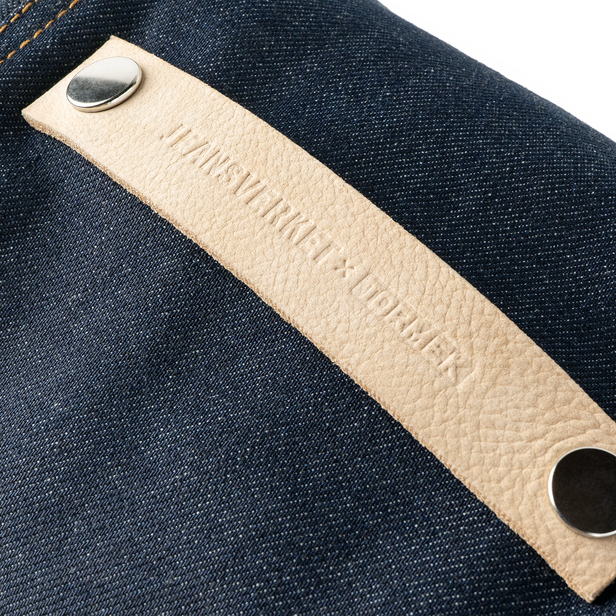 Close-up of the leather handle and metal buttons