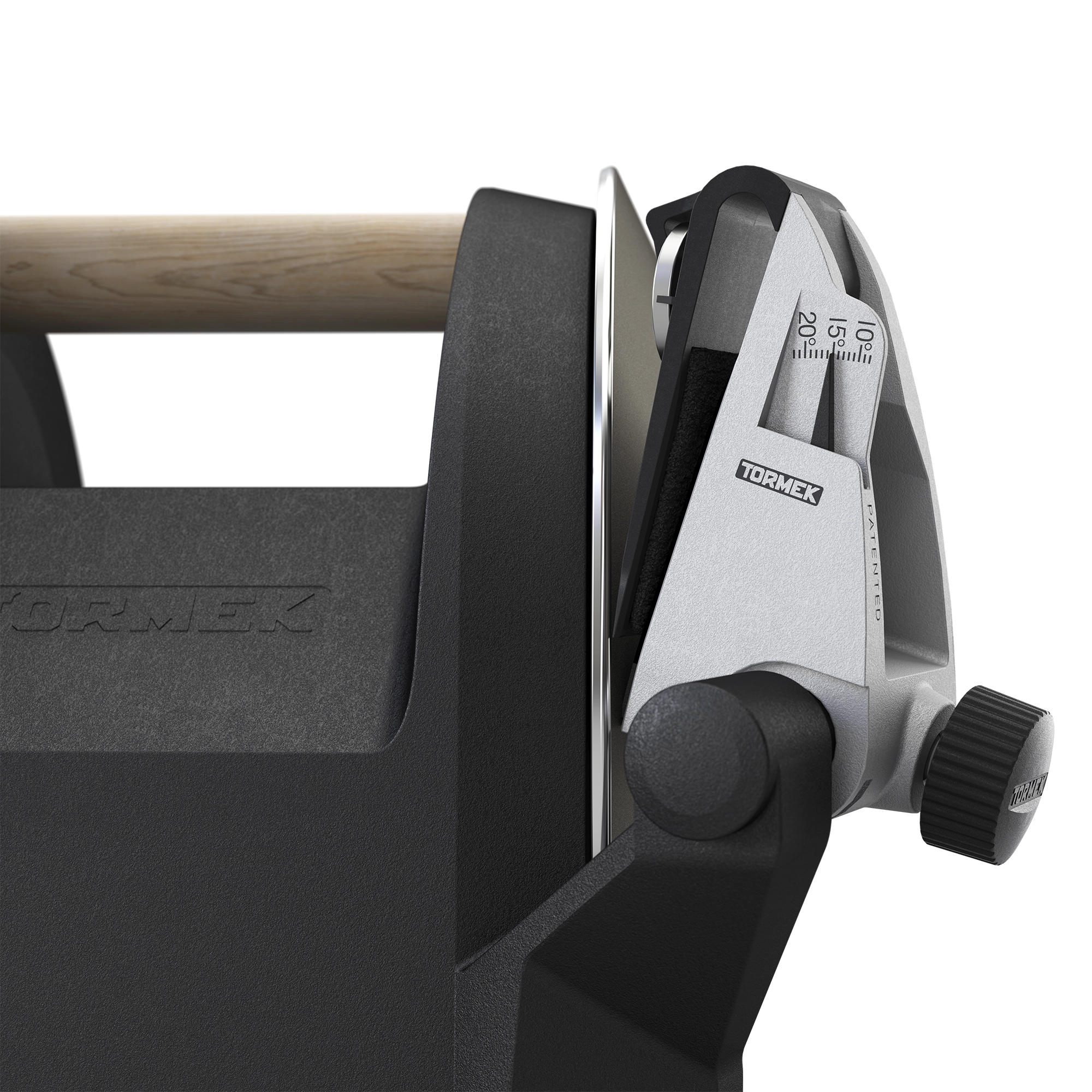 Close-up on the patented angle guide of the Tormek T-1 Carbon Black.