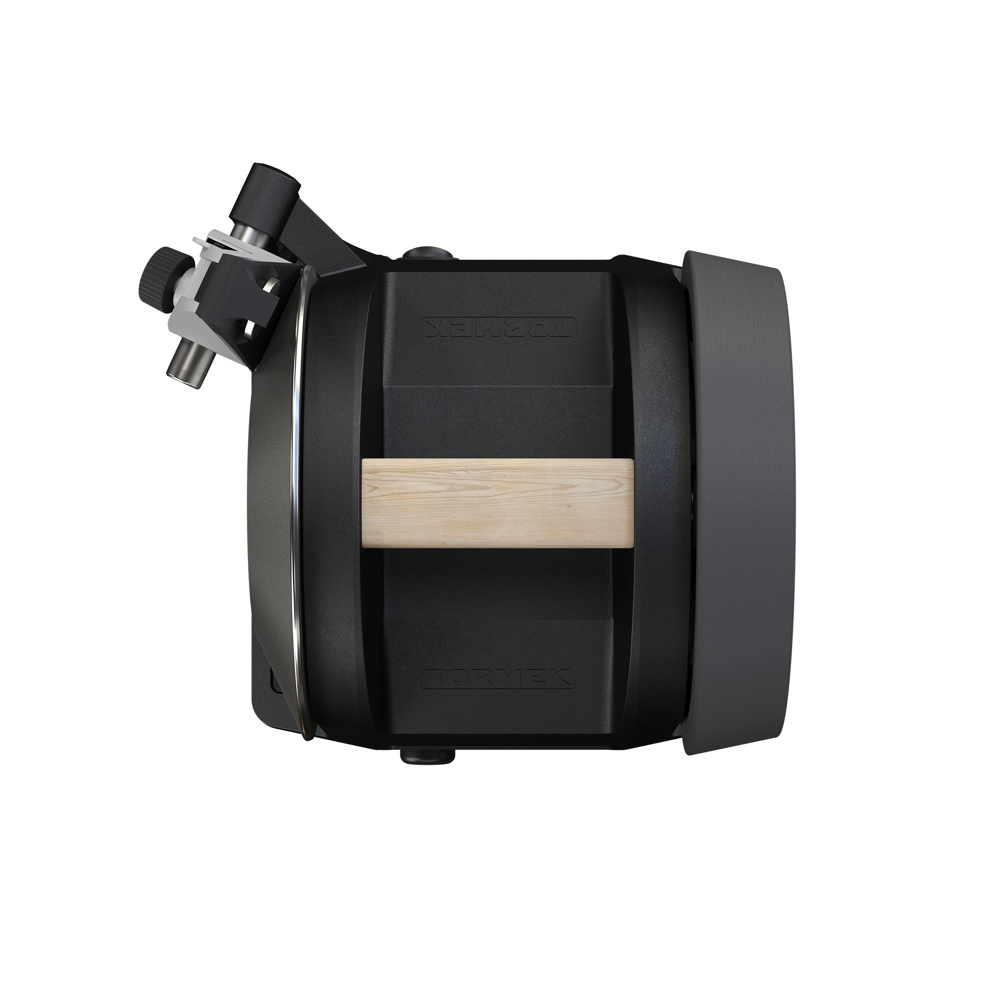 A top view of the Tormek T-1 Carbon Black showing the contrast of the black housing and the oak handle