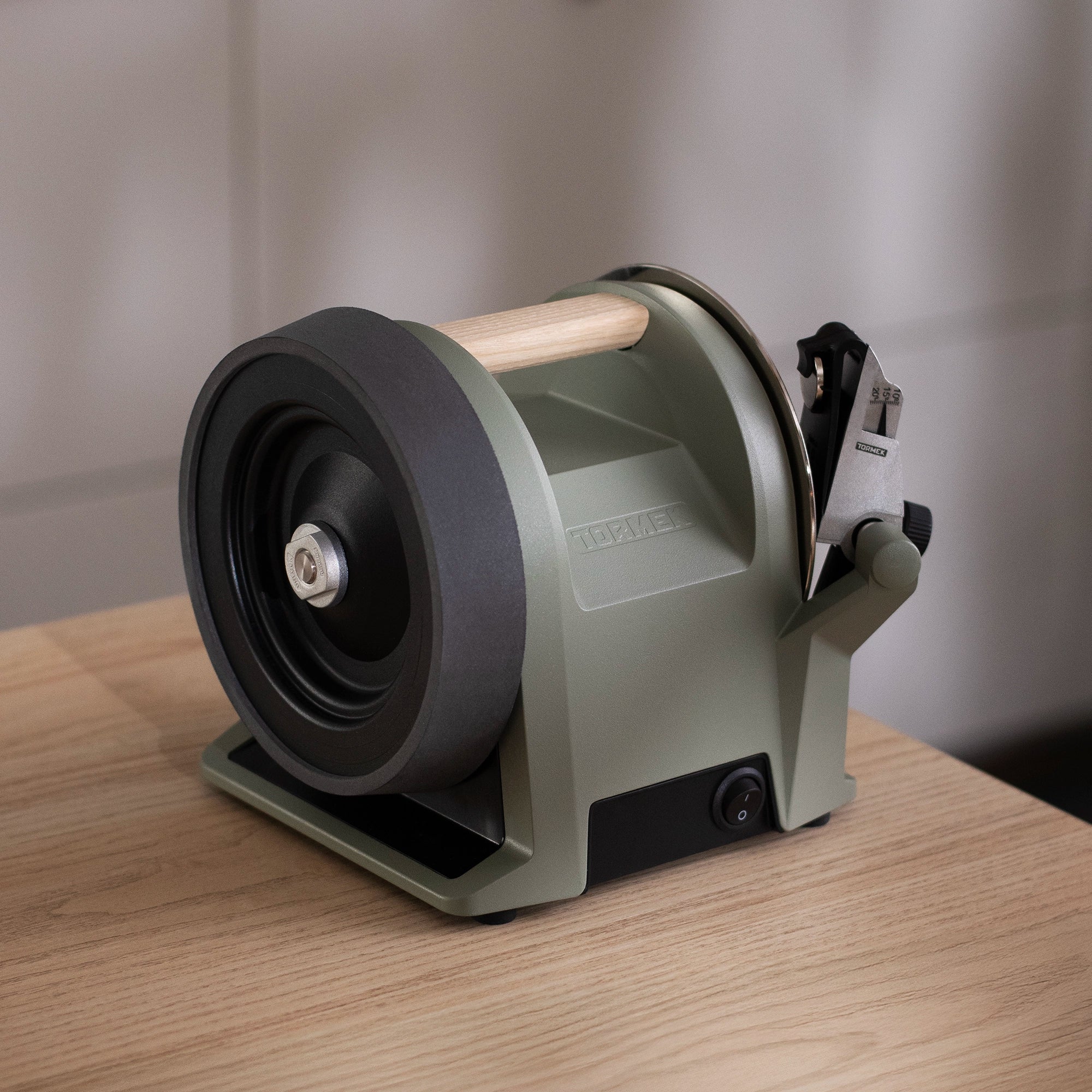 Tormek T-1 Kitchen Knife Sharpener in Ash Green solo on kitchen bench