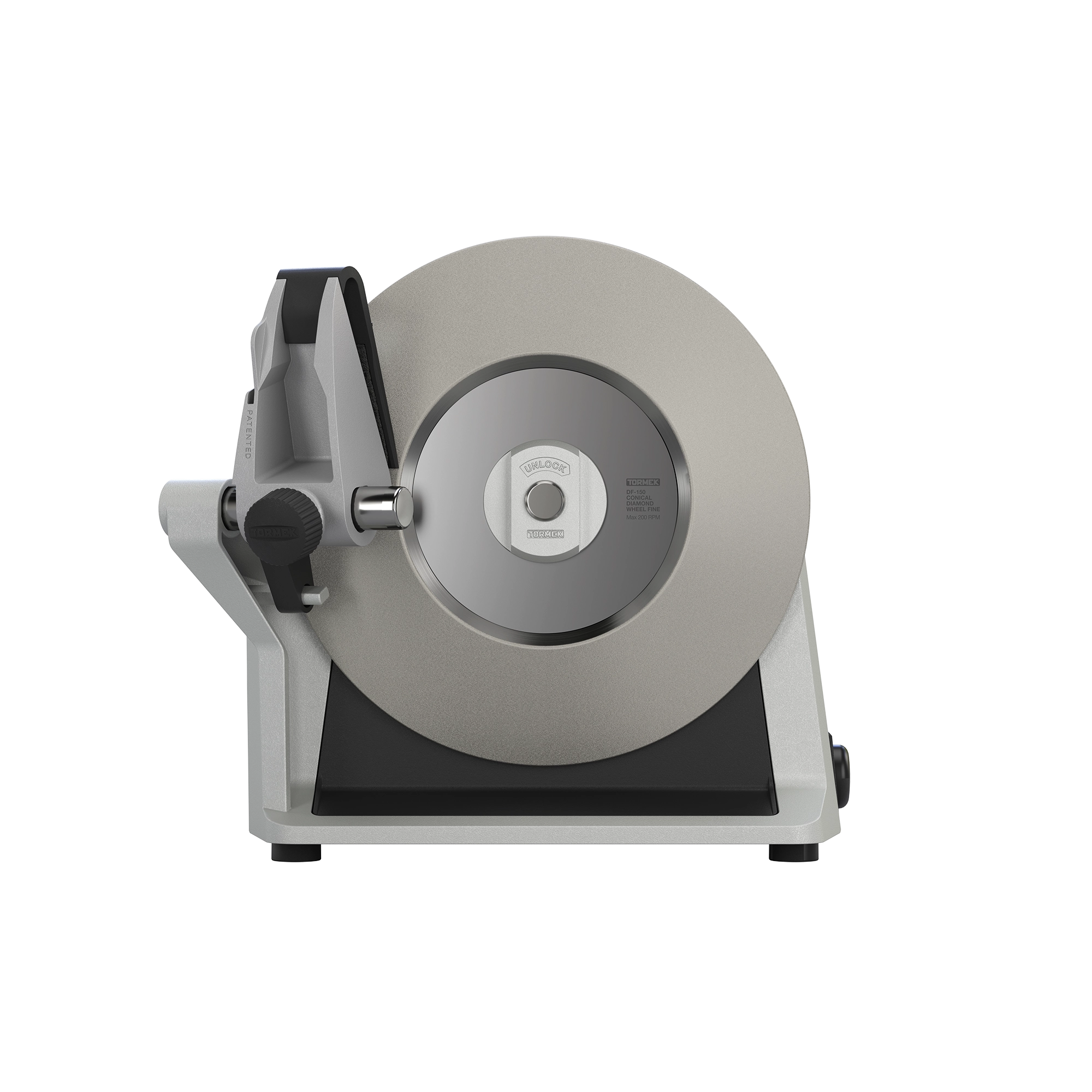 Sideview of the Tormek T-1 Zinc Gray showing the diamond grinding wheel.