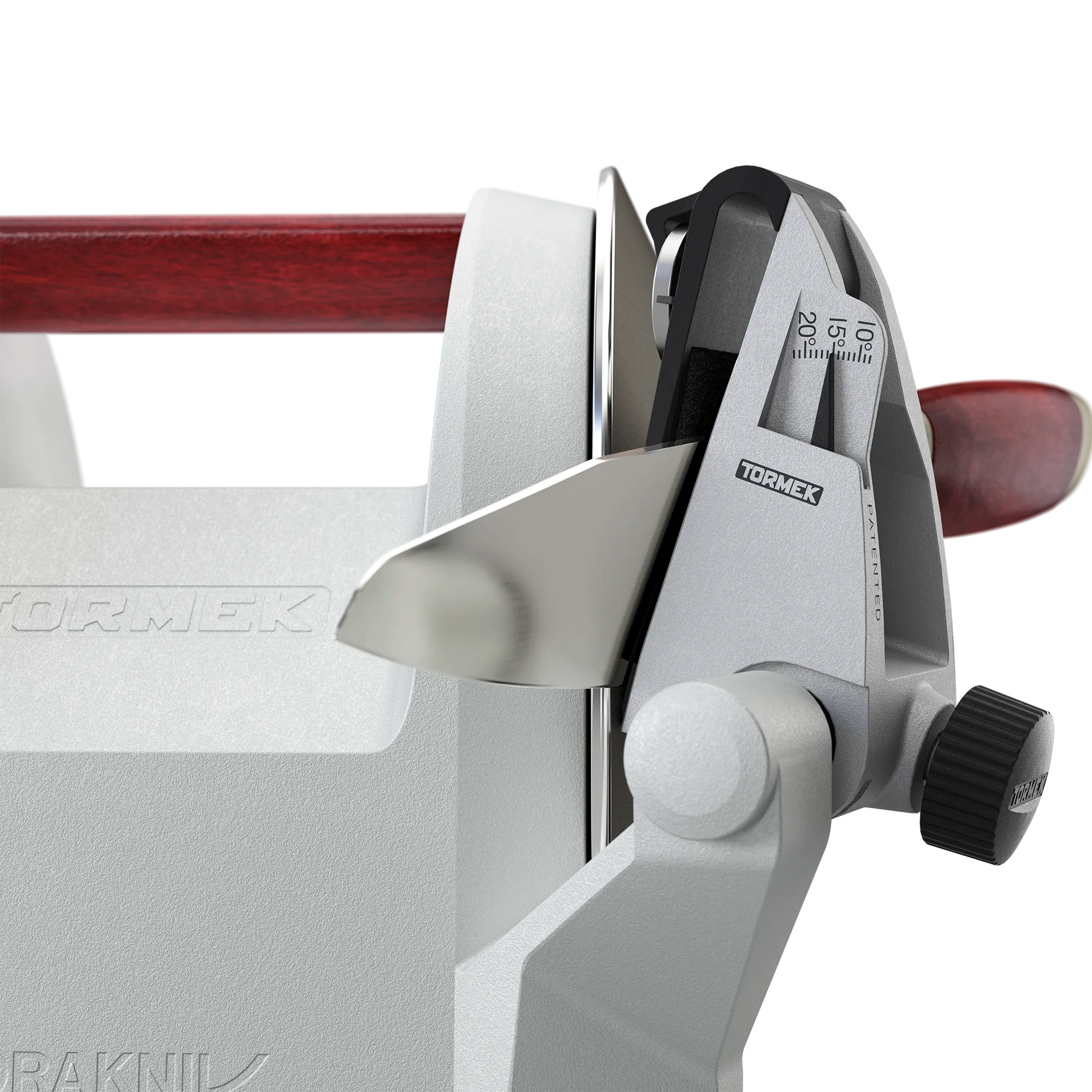 a close-up of a Morakniv Classic 1891 Utility Knife in the patented angle guide in the Tormek T-1 Morakniv 1891.