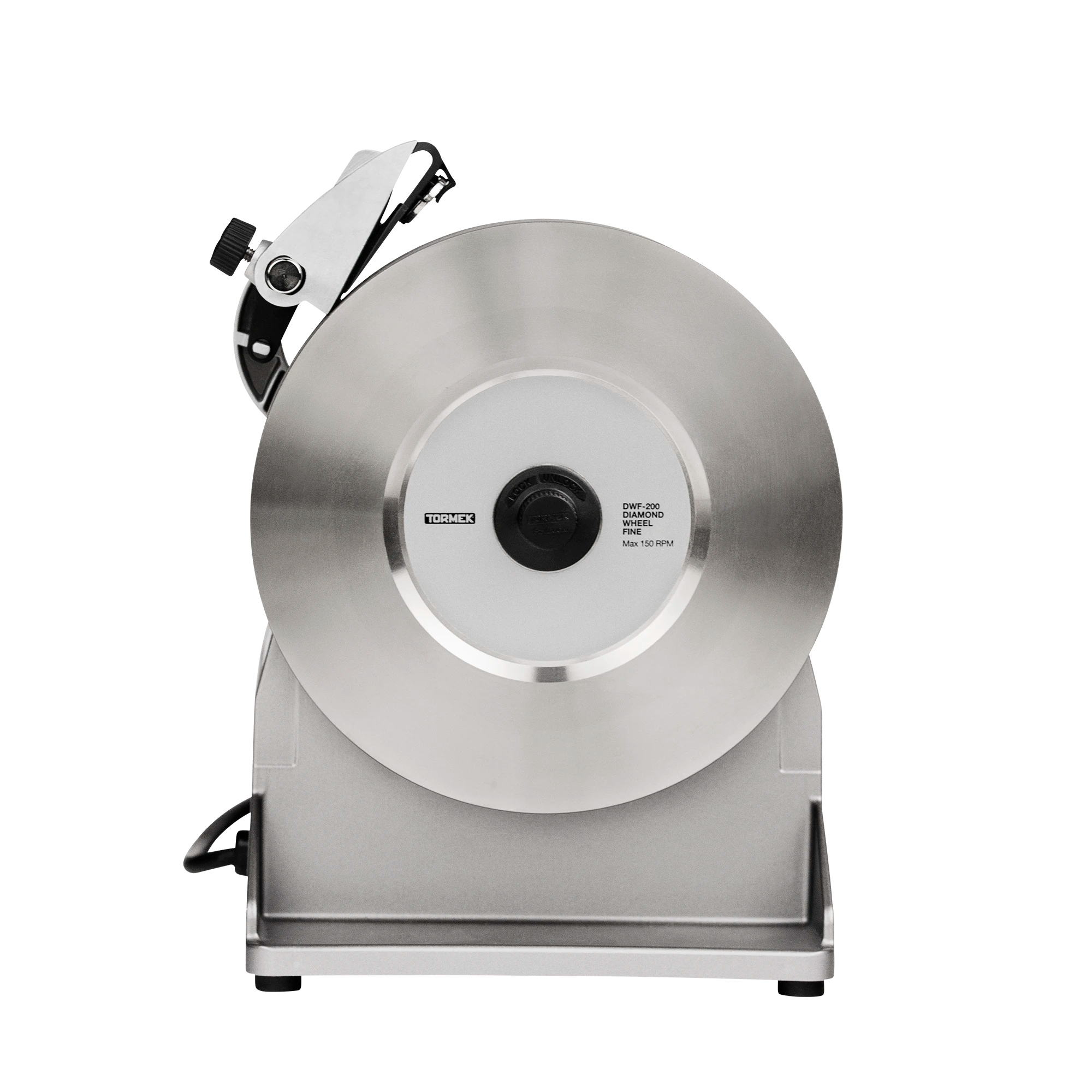 Sideview of the Tormek T-2 PRO Kitchen Knife Sharpener showing the diamond grinding wheel with Ezlock