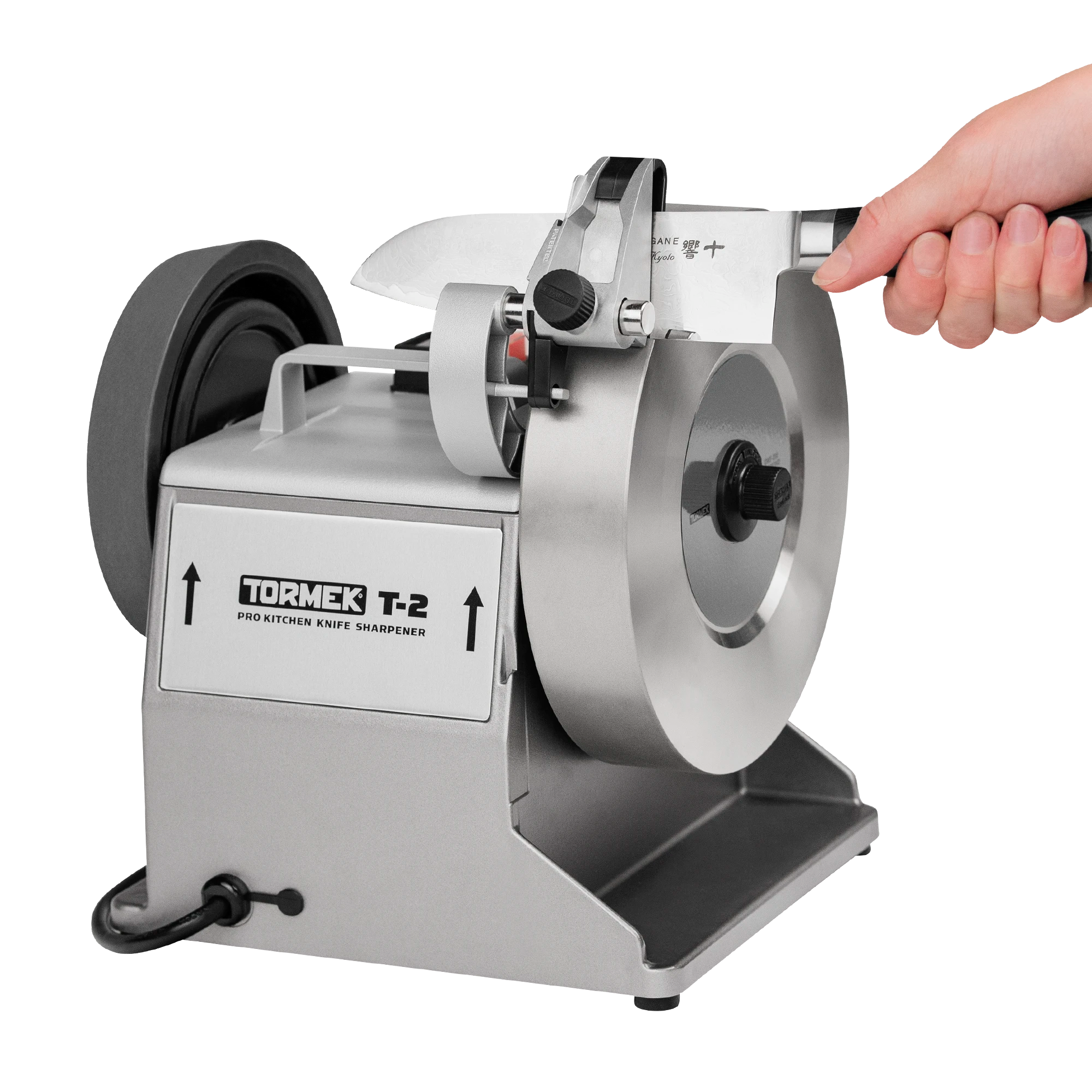 Showing a knife in the patented angle guide on the Tormek T-2 PRO Kitchen Knife Sharpener.