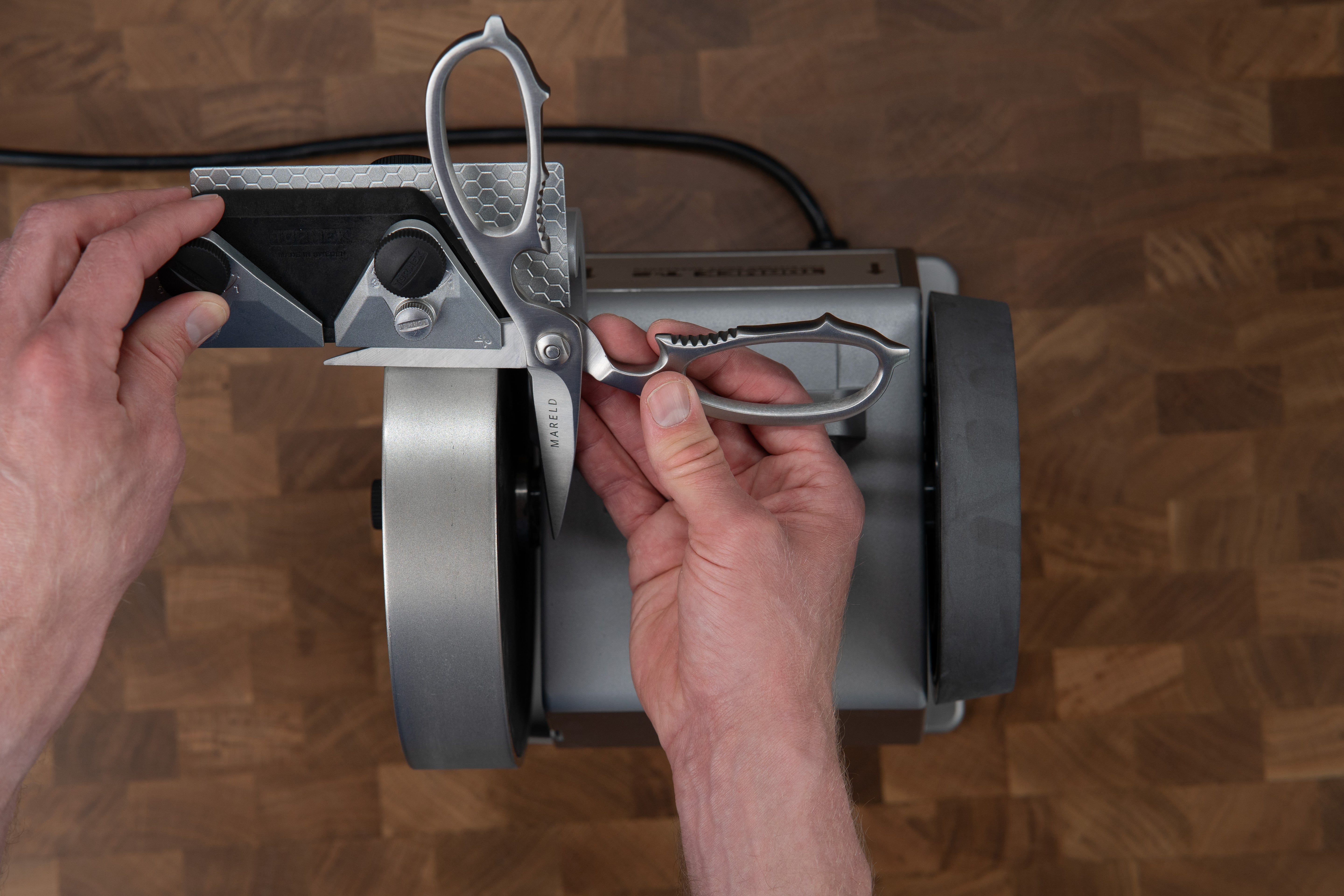 Sharpen scissors on your Tormek T-2 Pro Kitchen Knife Sharpener for professional chefs 