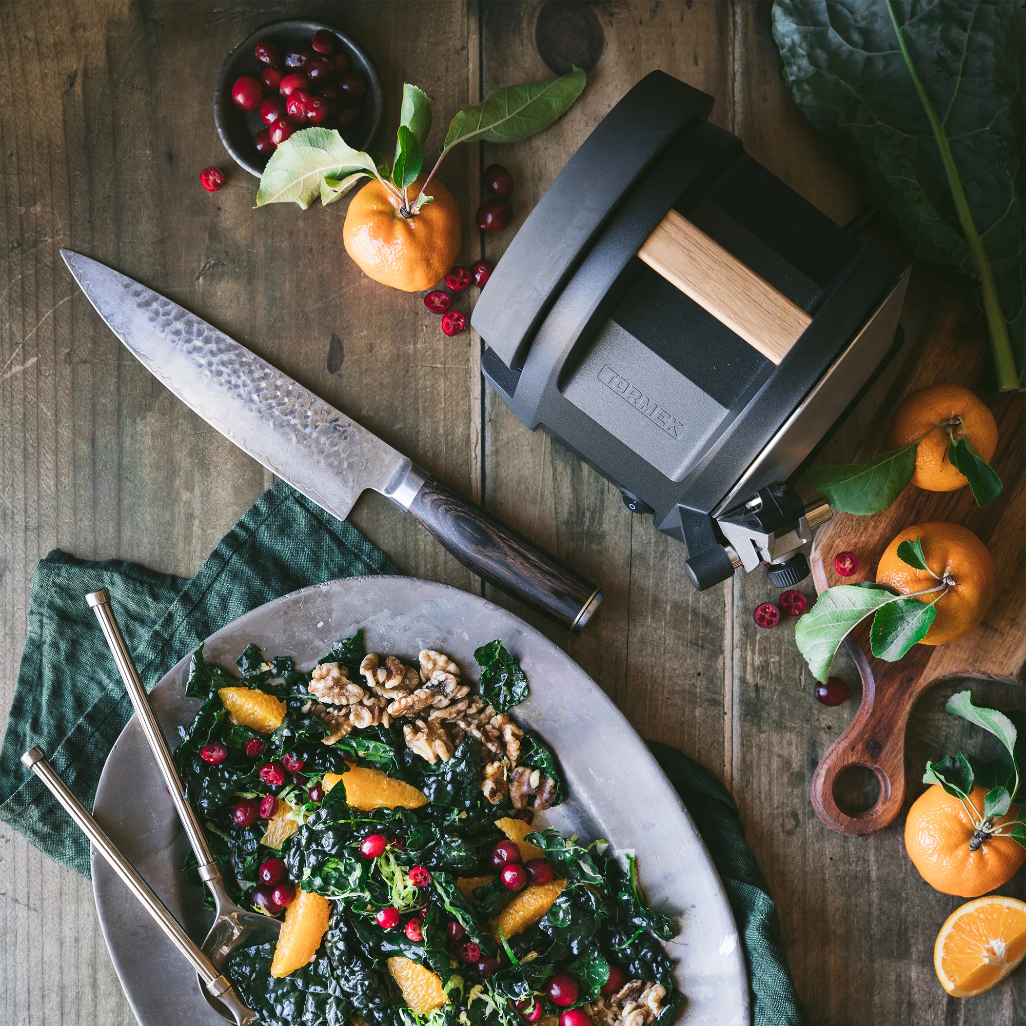 A Tormek T-1 Carbon Black next to a christmas themed salad with sliced kale and oranges