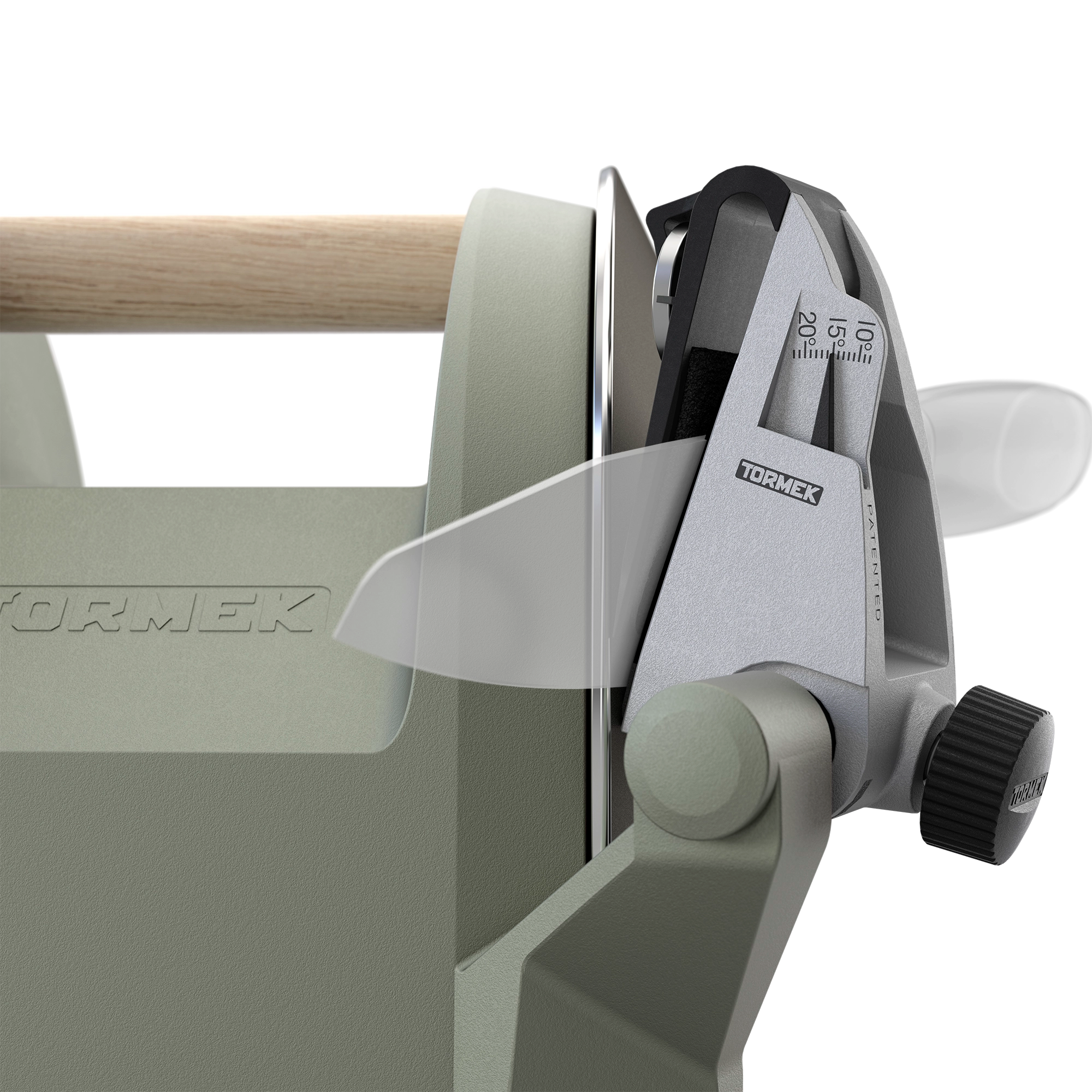 Detail view of patented guide to sharpen kitchen knives. Tormek T-1 in Ash Green. 