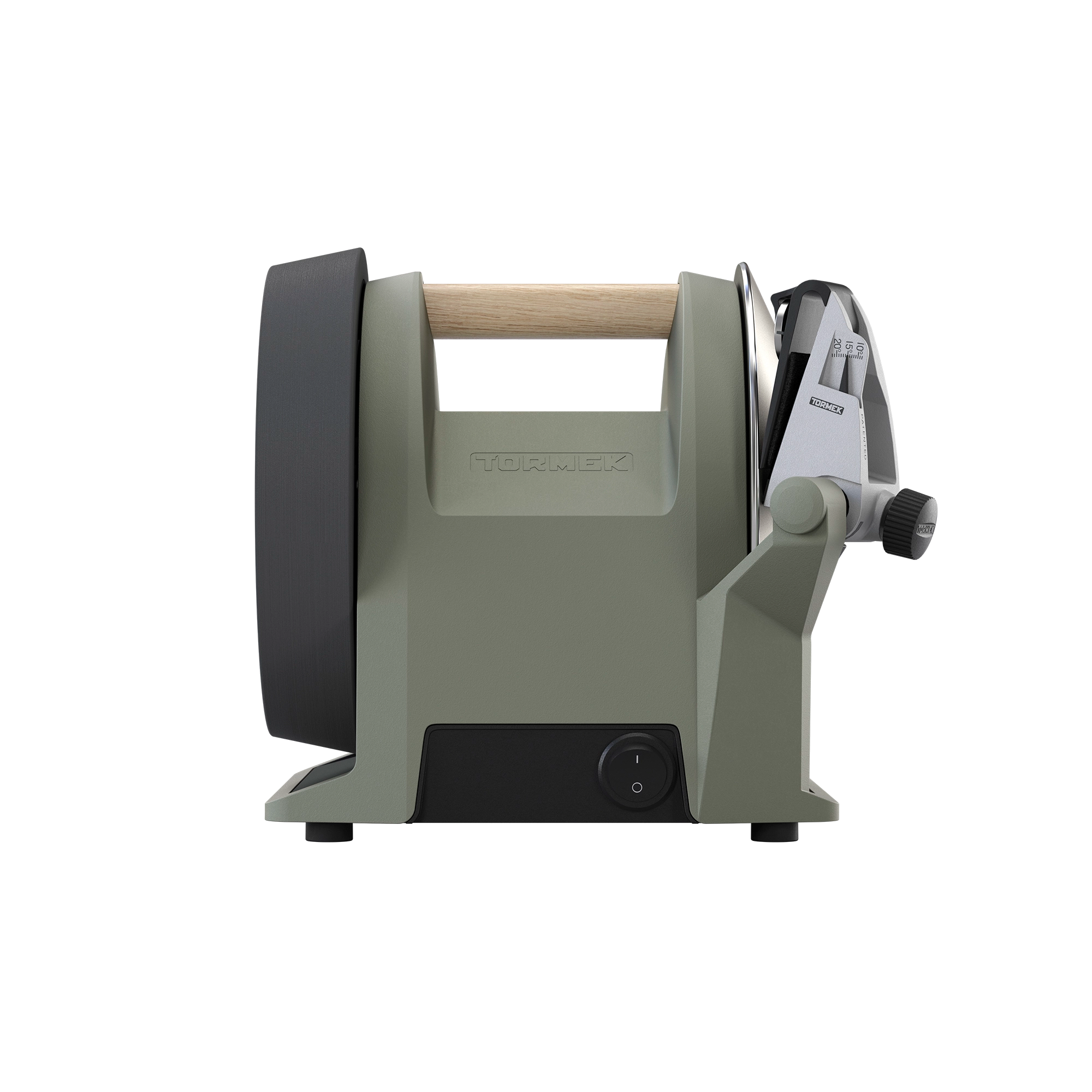Front view of Tormek T-1 knife sharpening machine in Ash Green. 