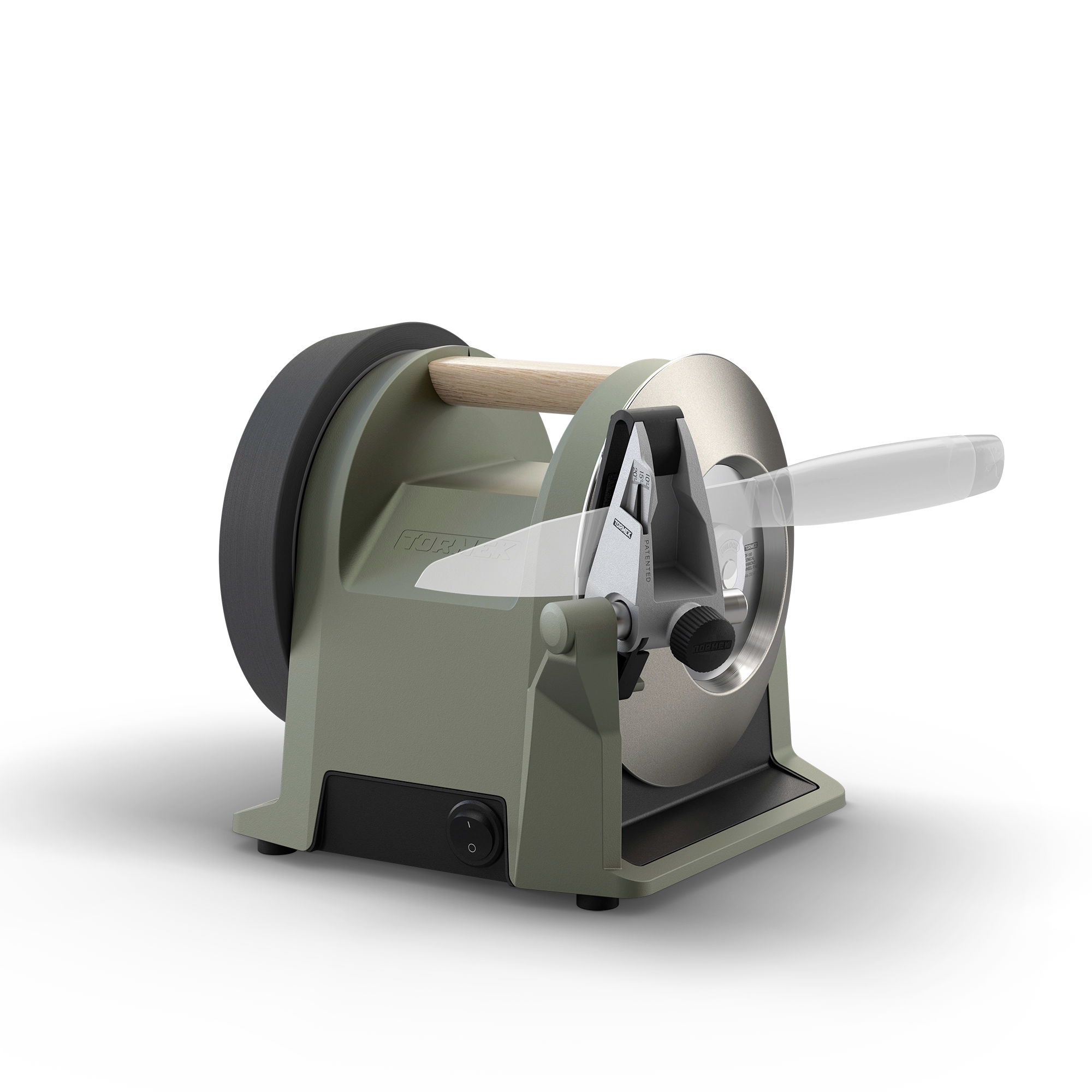 Tormek T-1 in Ash Green with shadow knife in patented guide. 